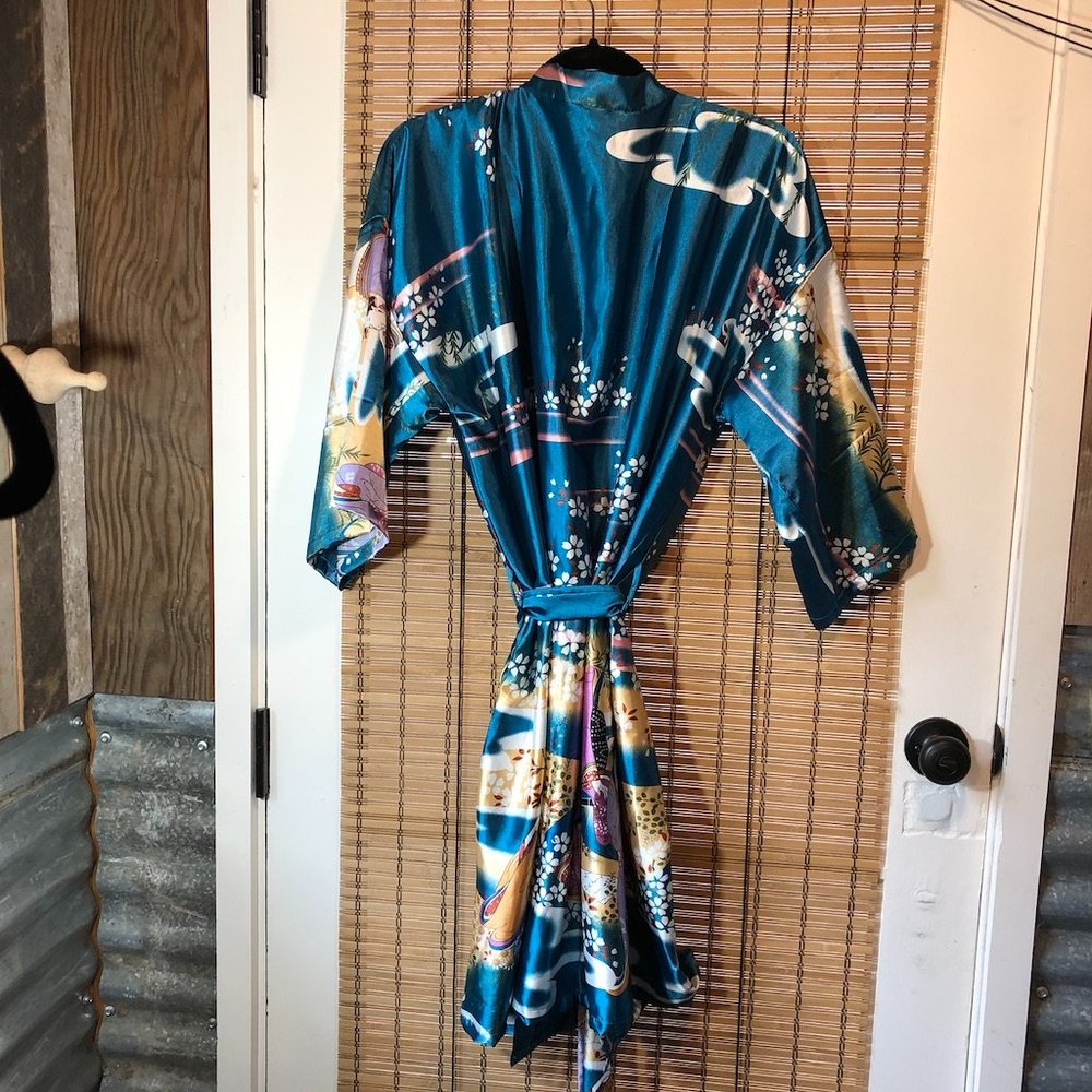 Silky Teal Floral Kimono Robe - Women Intimates & Sleepwear - Picture 7 of 11